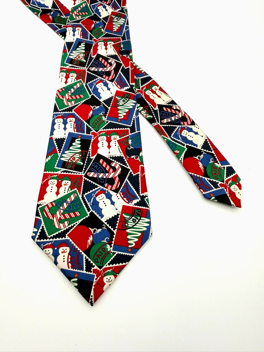Christmas Tree Snowman Candy Cane Ornaments Postage Stamp Novelty Silk Necktie
